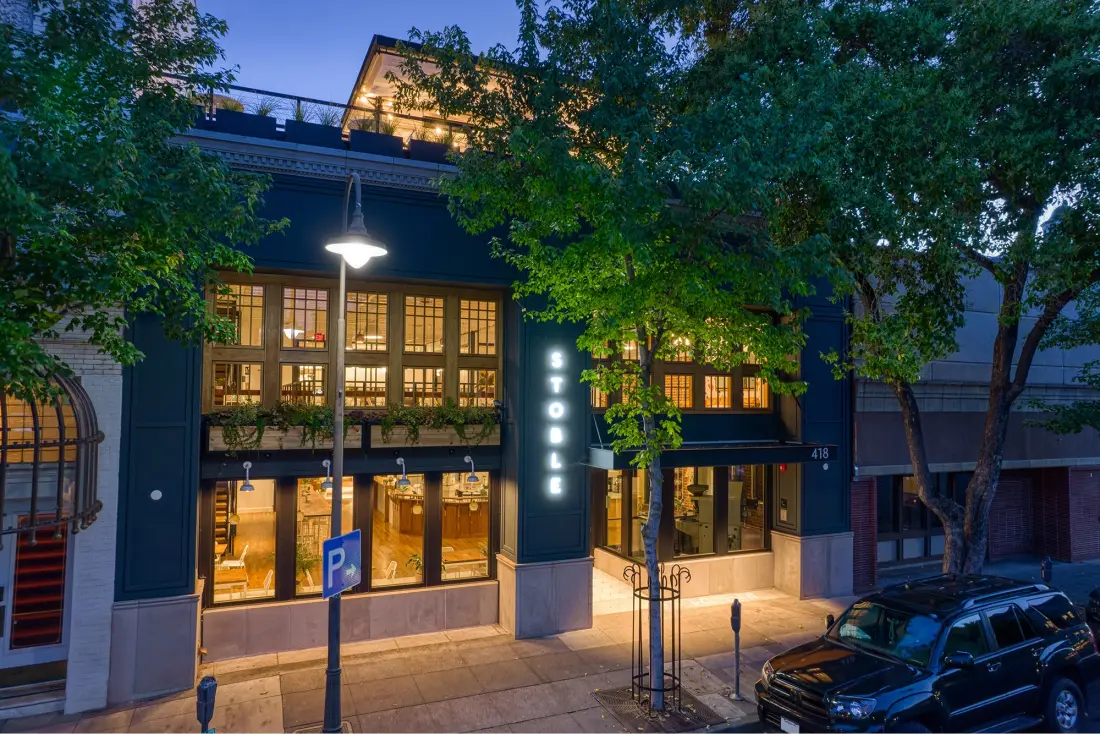 Stoble cafe front at dusk
